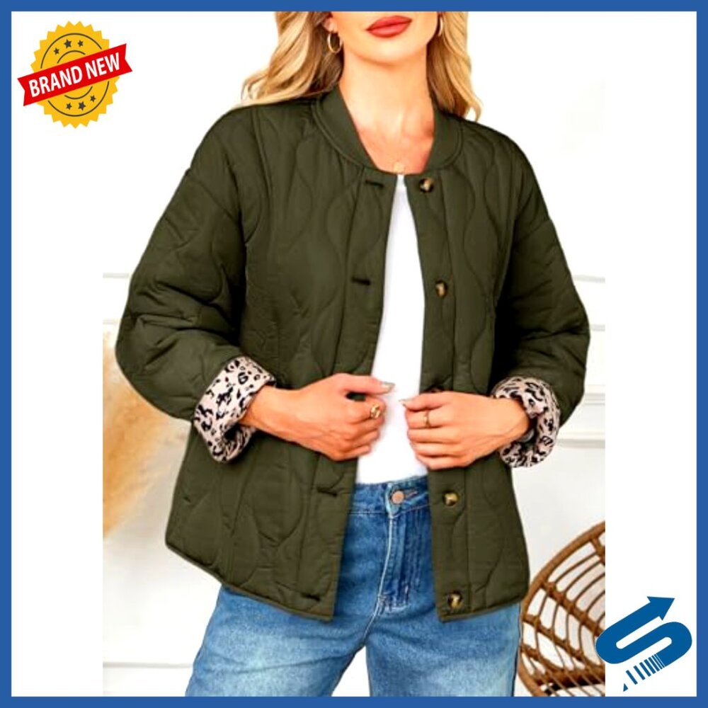 Quilted Puffer Jacket Button Down Leopard Print C… - image 3